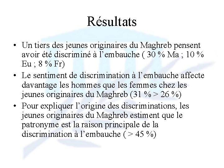 Résultats • Un tiers des jeunes originaires du Maghreb pensent avoir été discriminé à