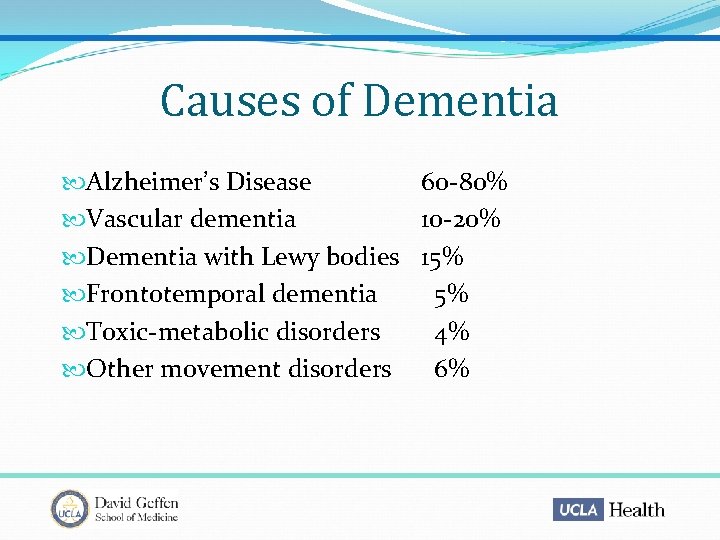 Causes of Dementia Alzheimer’s Disease 60 -80% Vascular dementia 10 -20% Dementia with Lewy