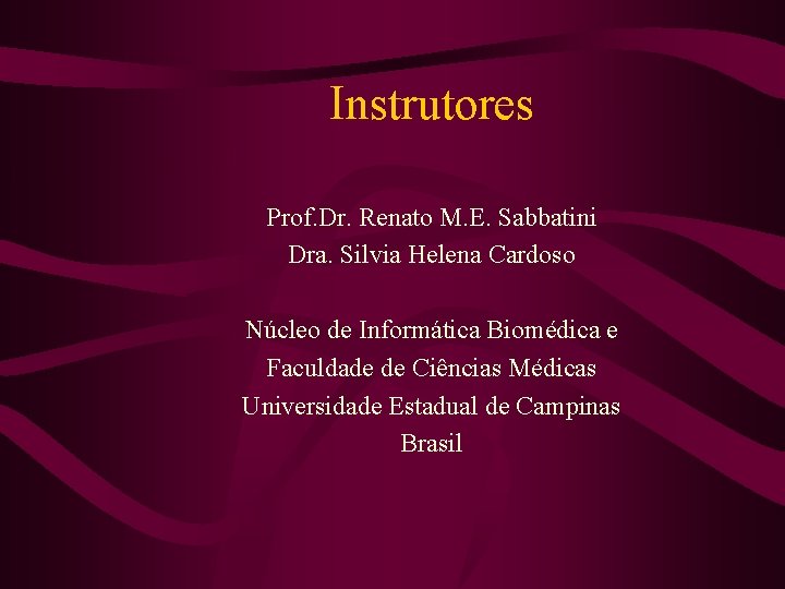 Instrutores Prof. Dr. Renato M. E. Sabbatini Dra. Silvia Helena Cardoso Núcleo de Informática