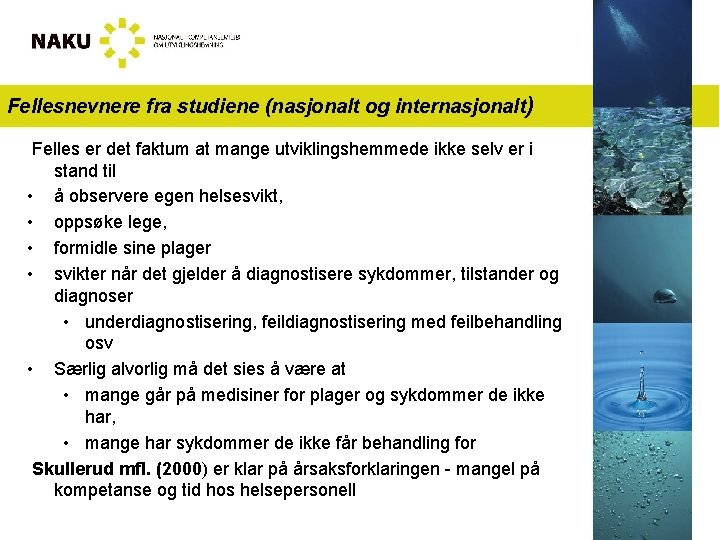 Fellesnevnere fra studiene (nasjonalt og internasjonalt) Felles er det faktum at mange utviklingshemmede ikke