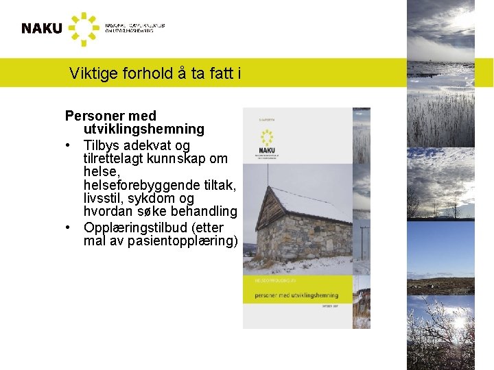 Viktige forhold å ta fatt i Personer med utviklingshemning • Tilbys adekvat og tilrettelagt