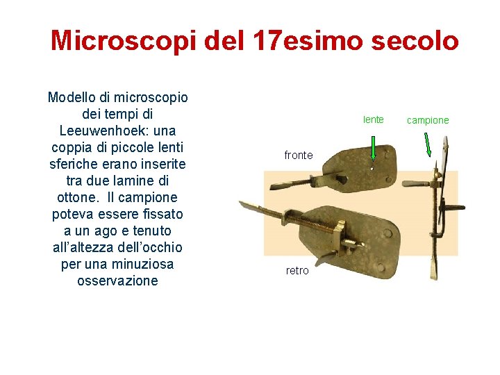Microscopi del 17 esimo secolo Modello di microscopio dei tempi di Leeuwenhoek: una coppia