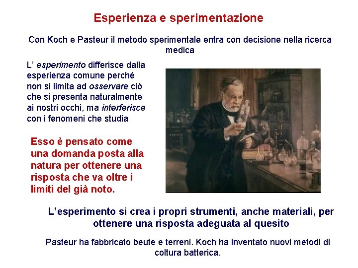 Esperienza e sperimentazione Con Koch e Pasteur il metodo sperimentale entra con decisione nella