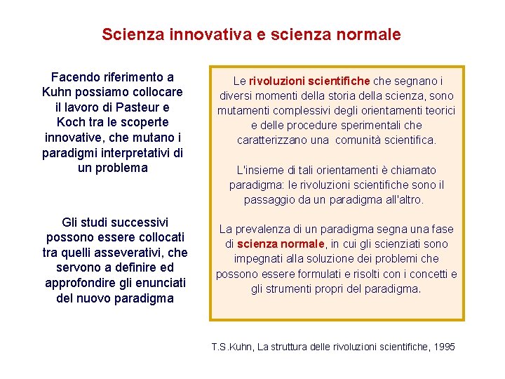 Scienza innovativa e scienza normale Facendo riferimento a Kuhn possiamo collocare il lavoro di