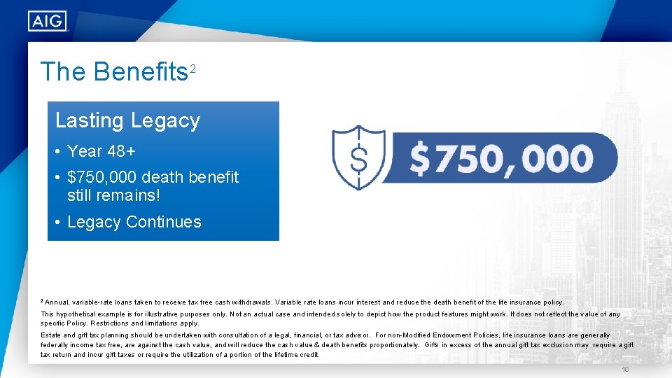 The Benefits 2 Lasting Legacy • Year 48+ • $750, 000 death benefit still