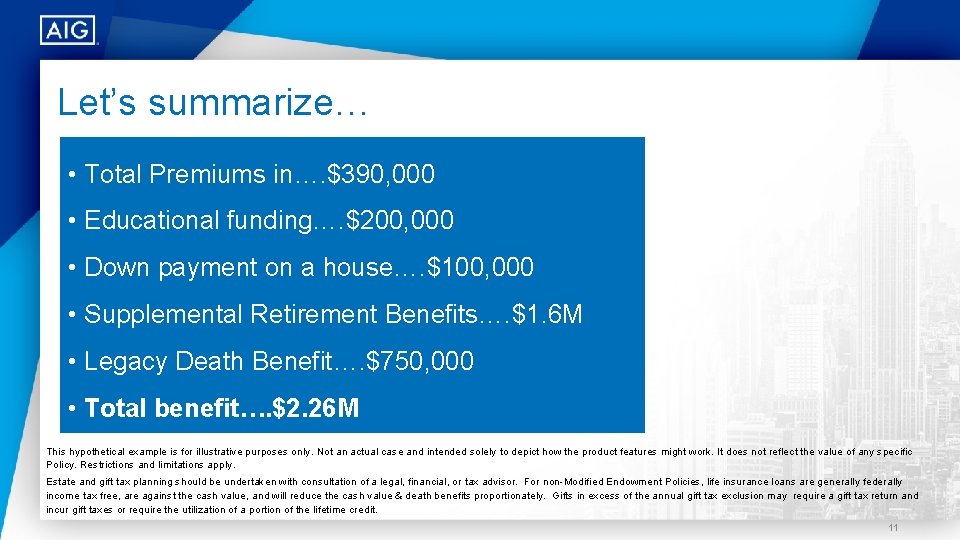 Let’s summarize… • Total Premiums in…. $390, 000 • Educational funding…. $200, 000 •