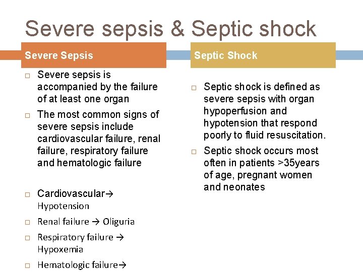 Severe sepsis & Septic shock Severe Sepsis Severe sepsis is accompanied by the failure