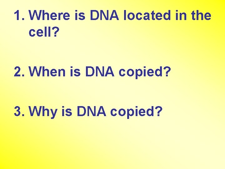 1. Where is DNA located in the cell? 2. When is DNA copied? 3.