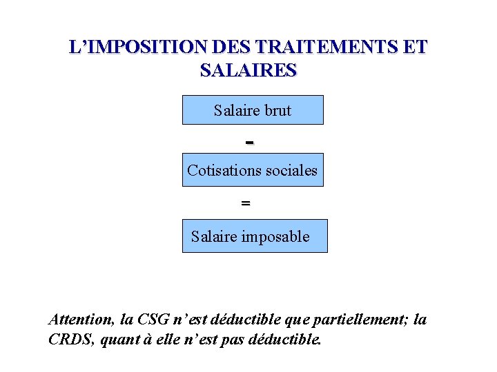 L’IMPOSITION DES TRAITEMENTS ET SALAIRES Salaire brut Cotisations sociales = Salaire imposable Attention, la