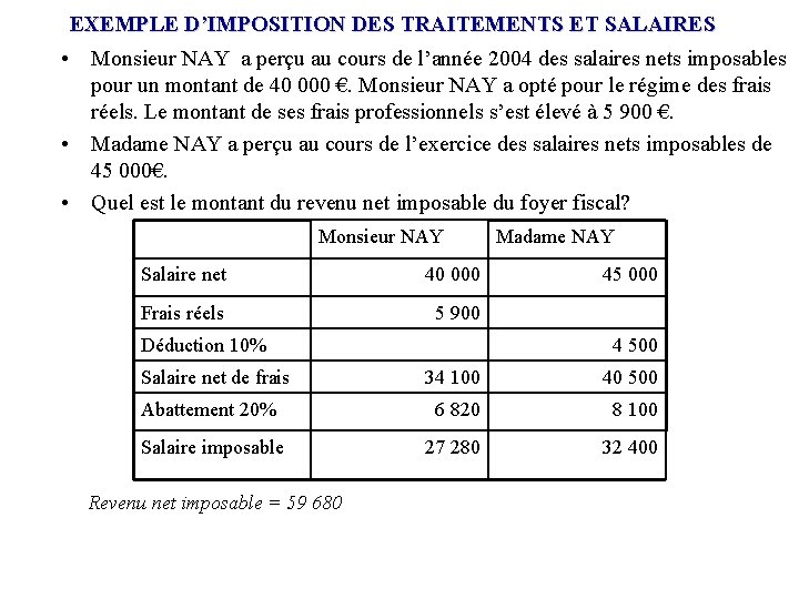 EXEMPLE D’IMPOSITION DES TRAITEMENTS ET SALAIRES • Monsieur NAY a perçu au cours de