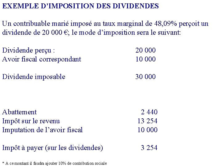 EXEMPLE D’IMPOSITION DES DIVIDENDES Un contribuable marié imposé au taux marginal de 48, 09%