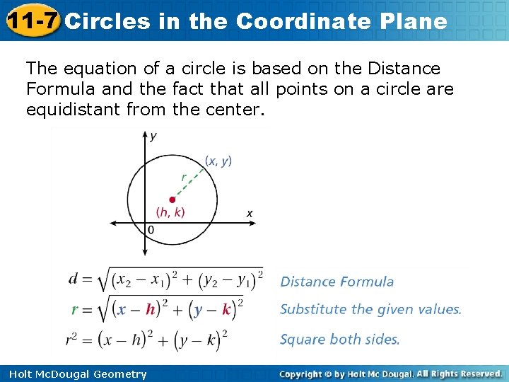 11 -7 Circles in the Coordinate Plane The equation of a circle is based