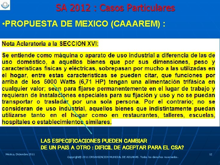 SA 2012 : Casos Particulares • PROPUESTA DE MEXICO (CAAAREM) : LAS ESPECIFICACIONES PUEDEN