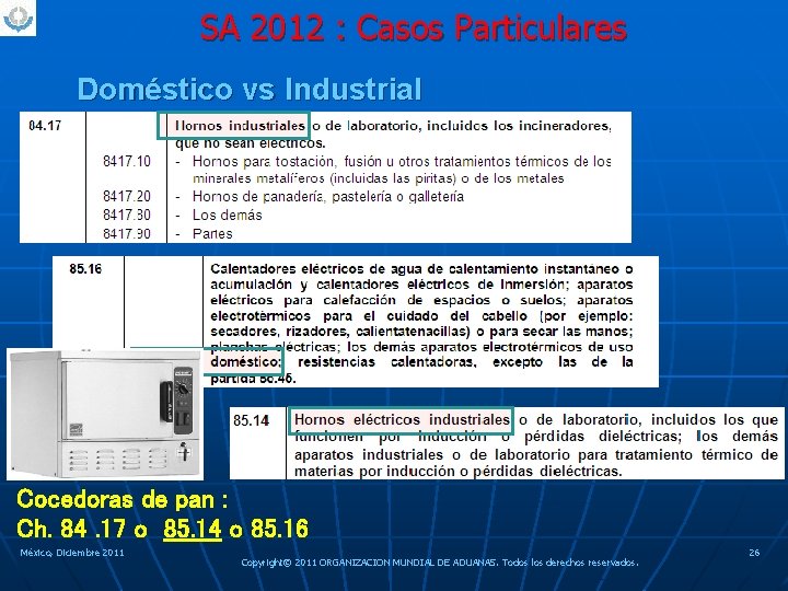 SA 2012 : Casos Particulares Doméstico vs Industrial Cocedoras de pan : Ch. 84.