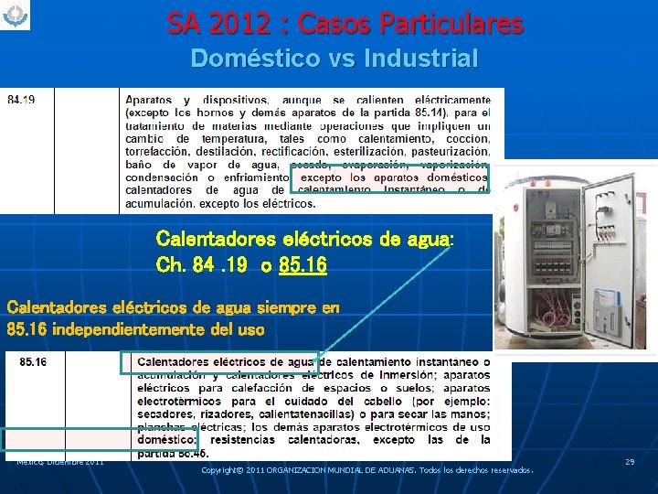 SA 2012 : Casos Particulares Doméstico vs Industrial Calentadores eléctricos de agua: Ch. 84.