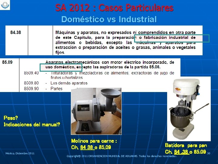 SA 2012 : Casos Particulares Doméstico vs Industrial Peso? Indicaciones del manual? Molinos para