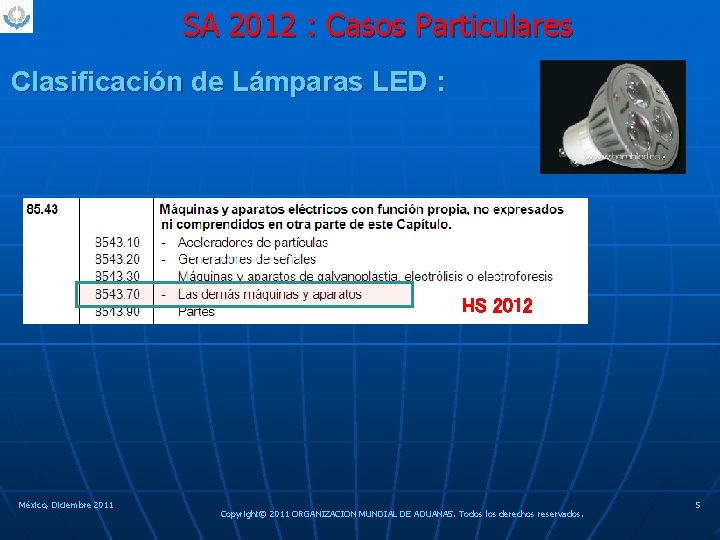 SA 2012 : Casos Particulares Clasificación de Lámparas LED : HS 2012 México, Diciembre