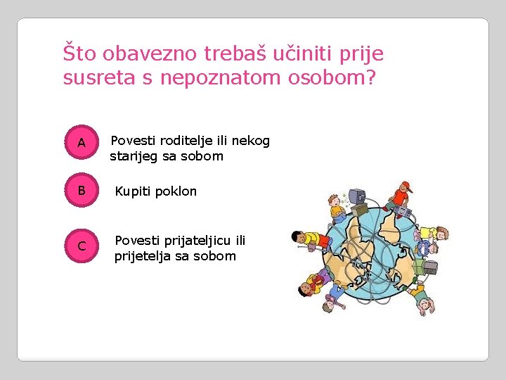 Što obavezno trebaš učiniti prije susreta s nepoznatom osobom? A Povesti roditelje ili nekog