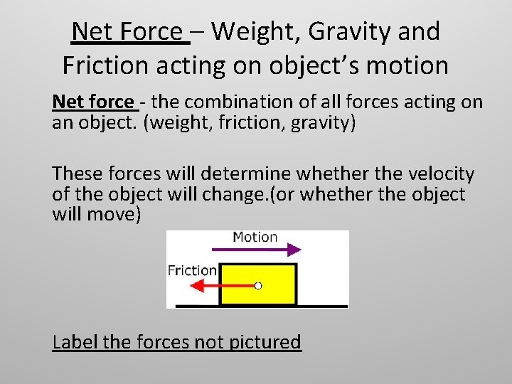 Net Force – Weight, Gravity and Friction acting on object’s motion Net force -