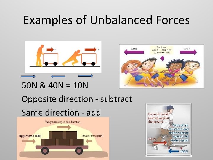 Examples of Unbalanced Forces 50 N & 40 N = 10 N Opposite direction