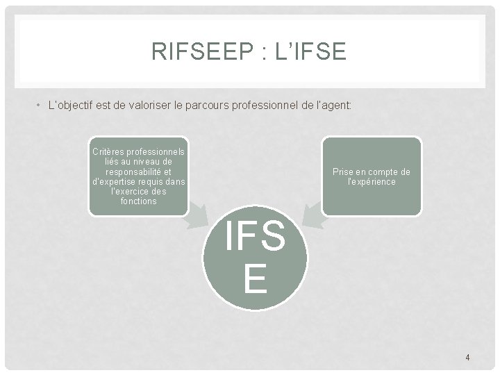 RIFSEEP : L’IFSE • L’objectif est de valoriser le parcours professionnel de l’agent: Critères