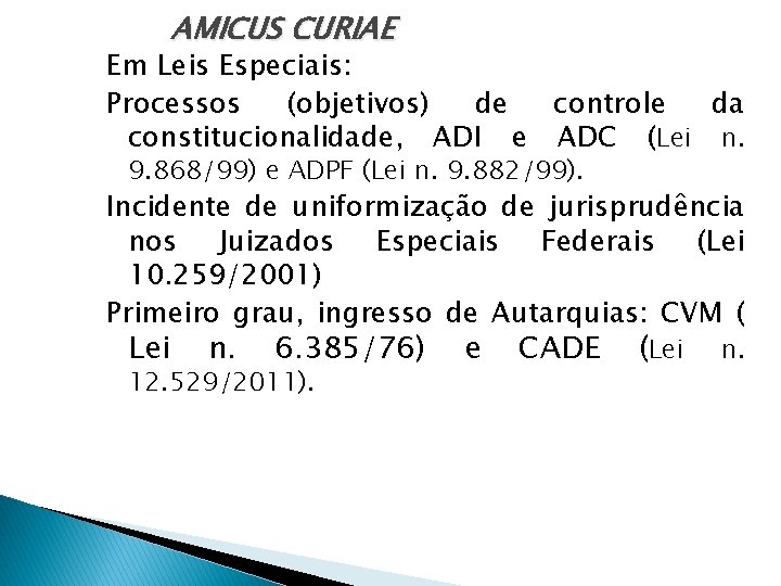 AMICUS CURIAE Em Leis Especiais: Processos (objetivos) de controle da constitucionalidade, ADI e ADC