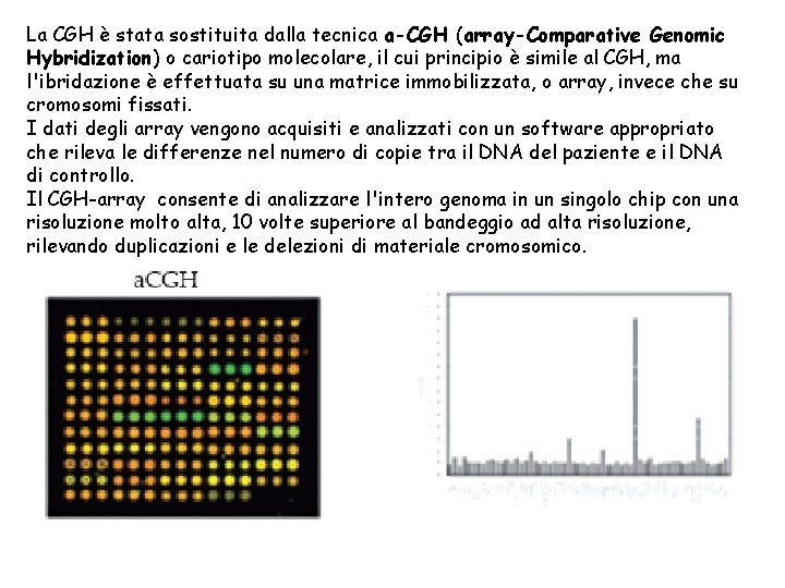 La CGH è stata sostituita dalla tecnica a-CGH (array-Comparative Genomic Hybridization) o cariotipo molecolare,
