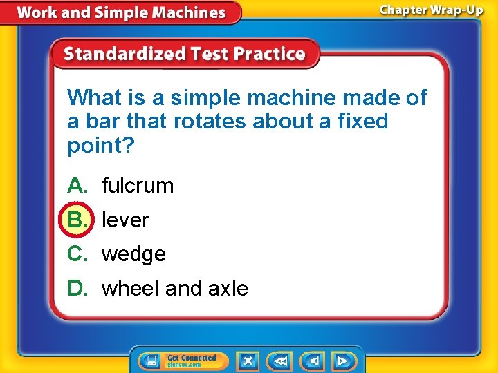 What is a simple machine made of a bar that rotates about a fixed