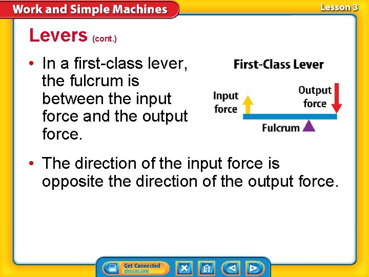 Levers (cont. ) • In a first-class lever, the fulcrum is between the input