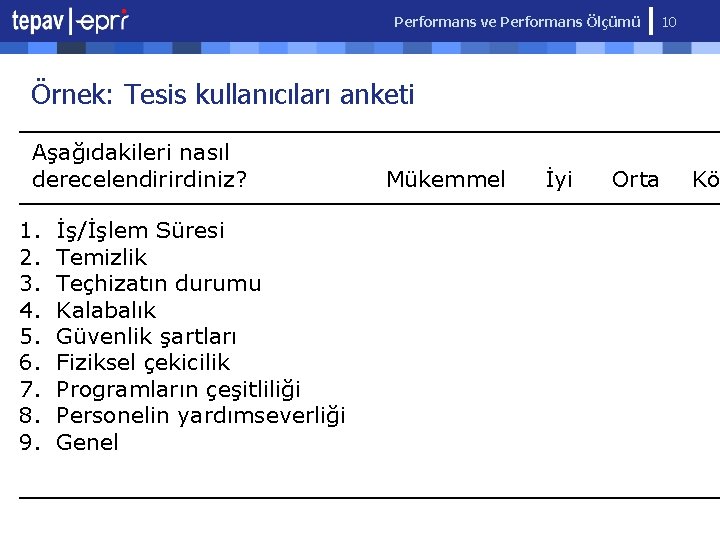 Performans ve Performans Ölçümü 10 Örnek: Tesis kullanıcıları anketi Aşağıdakileri nasıl derecelendirirdiniz? 1. 2.