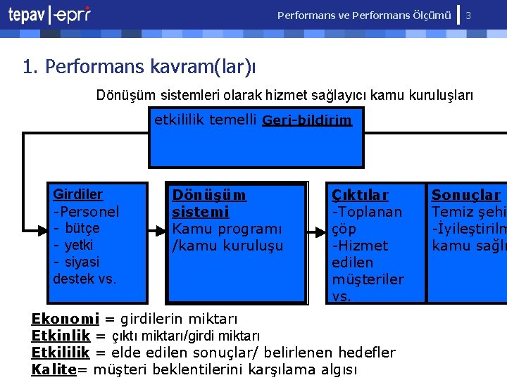 Performans ve Performans Ölçümü 3 1. Performans kavram(lar)ı Dönüşüm sistemleri olarak hizmet sağlayıcı kamu