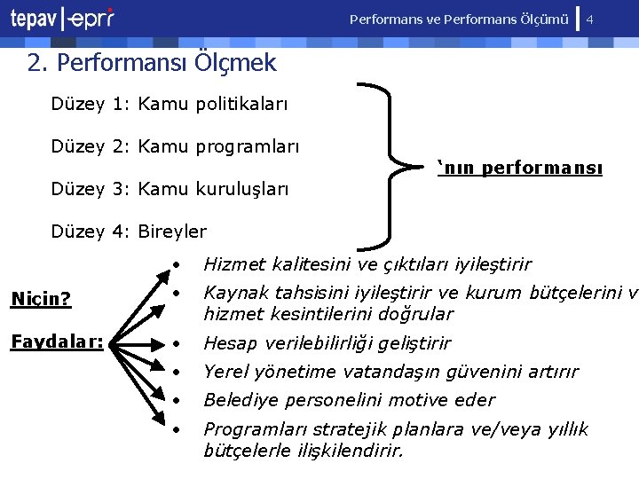 Performans ve Performans Ölçümü 4 2. Performansı Ölçmek Düzey 1: Kamu politikaları Düzey 2: