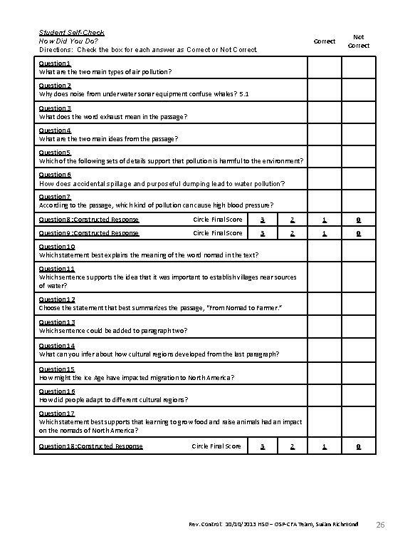 Student Self-Check How Did You Do? Directions: Check the box for each answer as