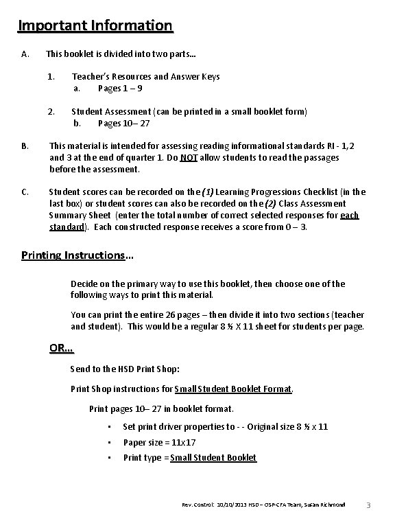 Important Information A. This booklet is divided into two parts… 1. Teacher’s Resources and