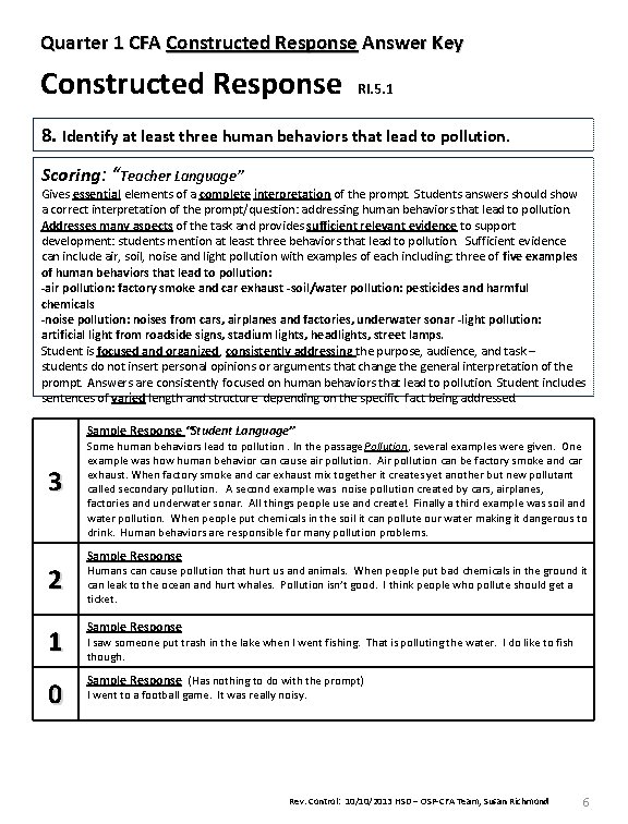 Quarter 1 CFA Constructed Response Answer Key Constructed Response RI. 5. 1 8. Identify