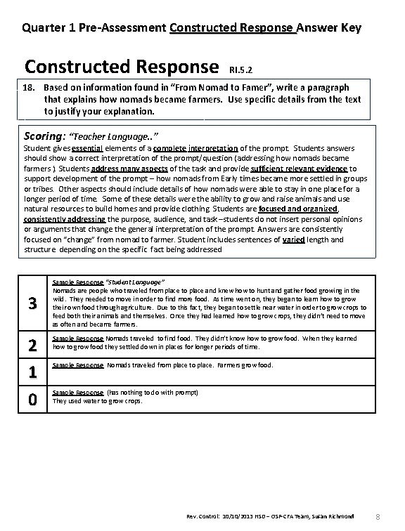 Quarter 1 Pre-Assessment Constructed Response Answer Key Constructed Response RI. 5. 2 18. Based