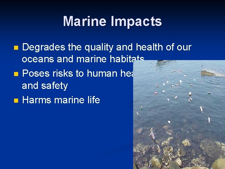 Marine Impacts n n n Degrades the quality and health of our oceans and