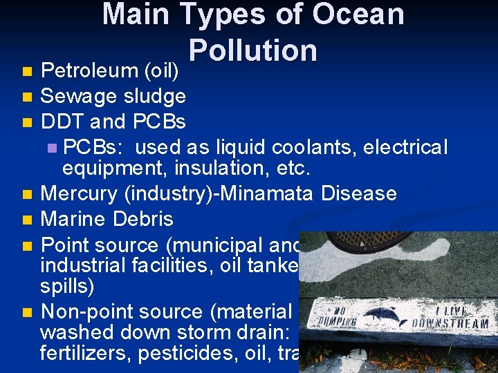 n n n n Main Types of Ocean Pollution Petroleum (oil) Sewage sludge DDT