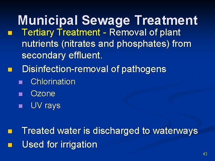 Municipal Sewage Treatment n n Tertiary Treatment - Removal of plant nutrients (nitrates and