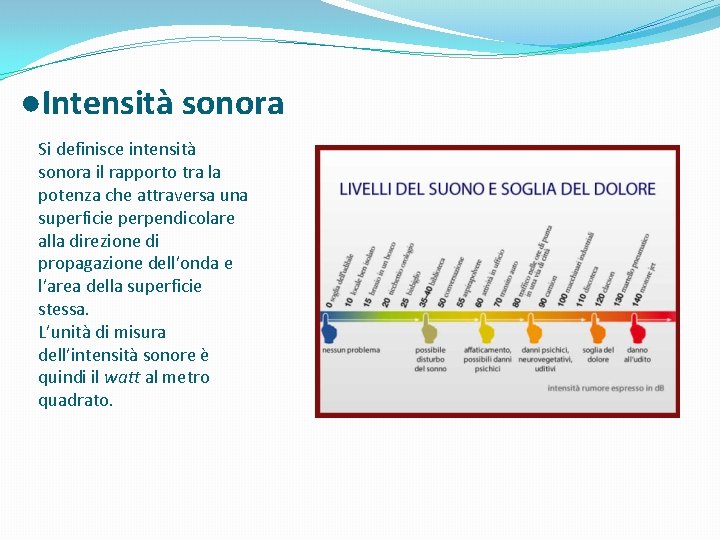 ●Intensità sonora Si definisce intensità sonora il rapporto tra la potenza che attraversa una