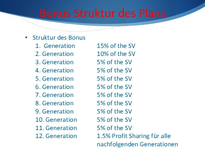 Bonus Struktur des Plans • Struktur des Bonus 1. Generation 2. Generation 3. Generation