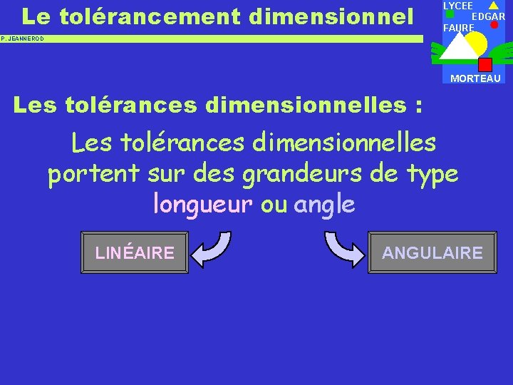 Le tolérancement dimensionnel LYCEE EDGAR FAURE P. JEANNEROD MORTEAU Les tolérances dimensionnelles : Les