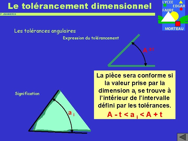 Le tolérancement dimensionnel LYCEE EDGAR FAURE P. JEANNEROD Les tolérances angulaires MORTEAU Expression du