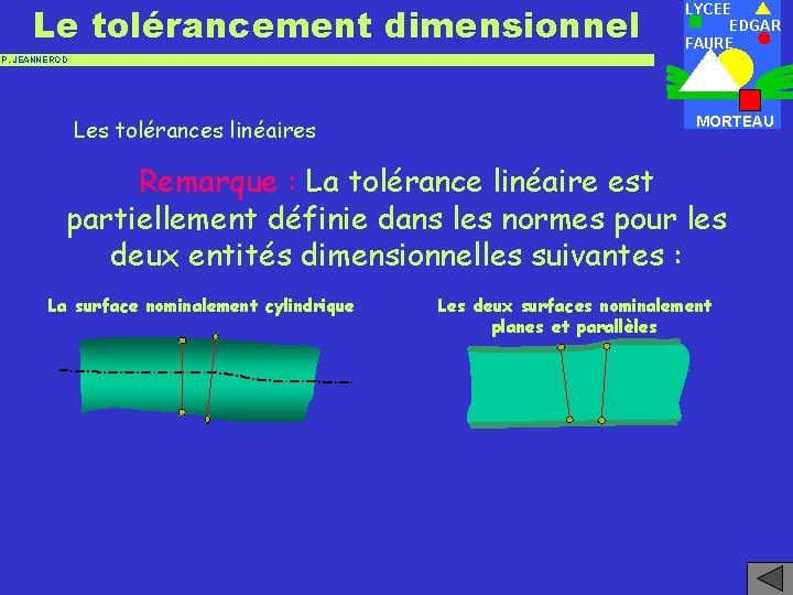 Le tolérancement dimensionnel LYCEE EDGAR FAURE P. JEANNEROD Les tolérances linéaires MORTEAU Remarque :