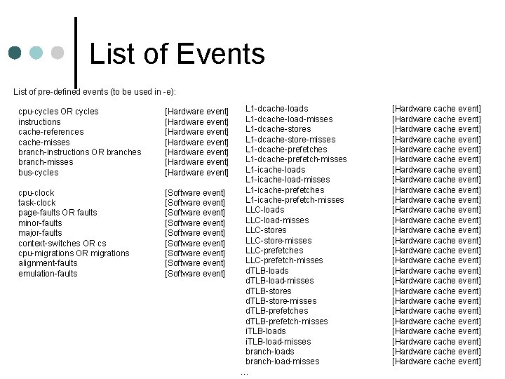 List of Events List of pre-defined events (to be used in -e): cpu-cycles OR