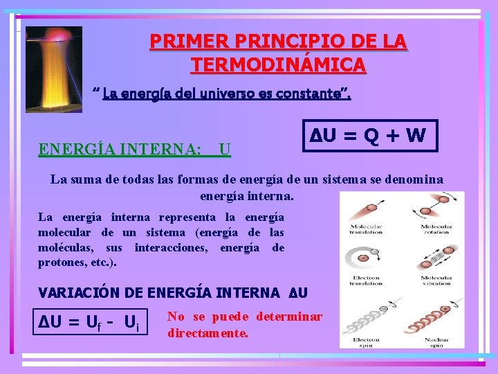 PRIMER PRINCIPIO DE LA TERMODINÁMICA “ La energía del universo es constante”. ENERGÍA INTERNA: