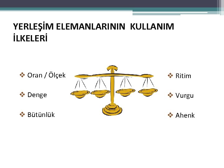 YERLEŞİM ELEMANLARININ KULLANIM İLKELERİ v Oran / Ölçek v Ritim v Denge v Vurgu