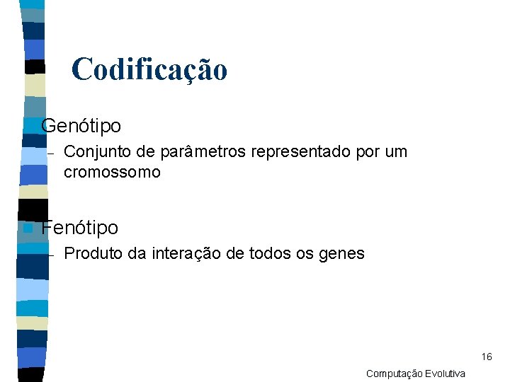 Codificação n Genótipo – n Conjunto de parâmetros representado por um cromossomo Fenótipo –