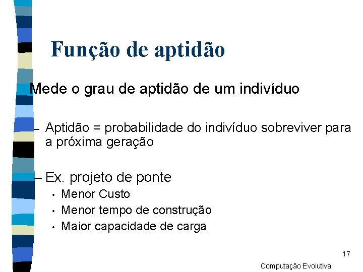 Função de aptidão n Mede o grau de aptidão de um indivíduo – Aptidão