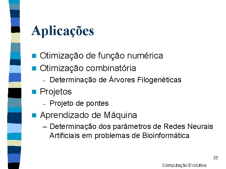 Aplicações Otimização de função numérica n Otimização combinatória n – n Projetos – n